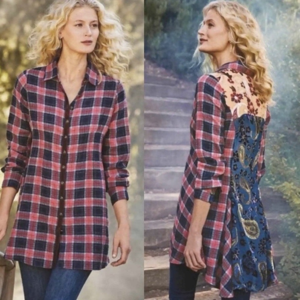 Soft Surroundings Kensington Plaid Tunic Shirt S Paisley Velvet Burnout Boho‎